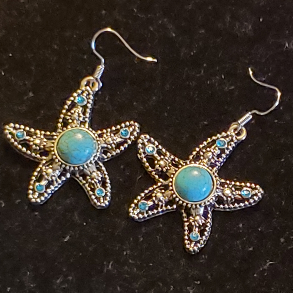 Silvertone and faux turquoise starfish earrings